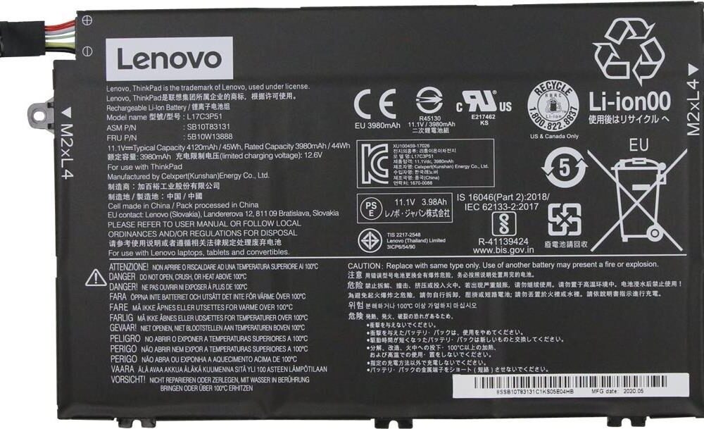 Lenovo Celxpert - Laptop-Batterie - Lithium-Ionen - 3 Zellen - 4120 mAh - 45 Wh - FRU - für E41-55, ThinkPad E14, E15, E480, E490, E495, E590, E595 (5B10W13888)