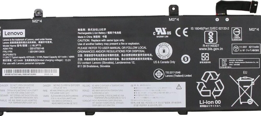 Lenovo LG Chem L18L3P73 - Laptop-Batterie - Lithium-Ionen - 3 Zellen - 4372 mAh - 51 Wh - FRU - für ThinkPad P14s Gen 1, P43s, T14 Gen 1, T490, T495 (5B10W13905)