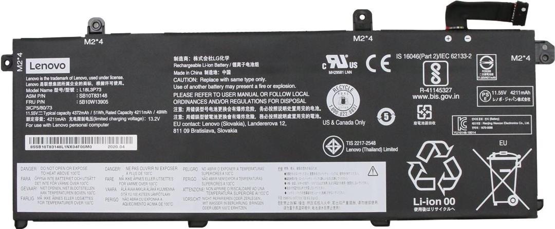 Lenovo LG Chem L18L3P73 - Laptop-Batterie - Lithium-Ionen - 3 Zellen - 4372 mAh - 51 Wh - FRU - für ThinkPad P14s Gen 1, P43s, T14 Gen 1, T490, T495 (5B10W13905)