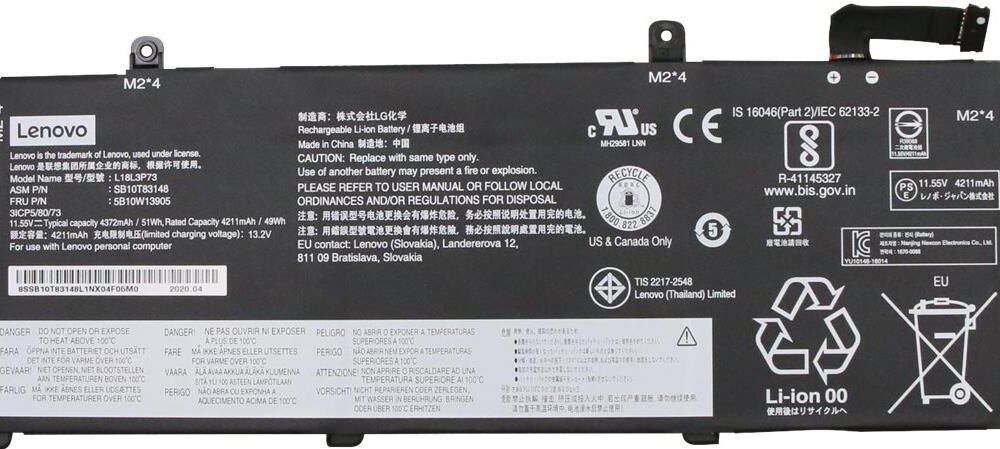 Lenovo LG Chem L18L3P73 - Laptop-Batterie - Lithium-Ionen - 3 Zellen - 4372 mAh - 51 Wh - FRU - für ThinkPad L13 Yoga Gen 3, P14s Gen 1, P14s Gen 2, T14 Gen 1, T14 Gen 2 (5B10W51826)