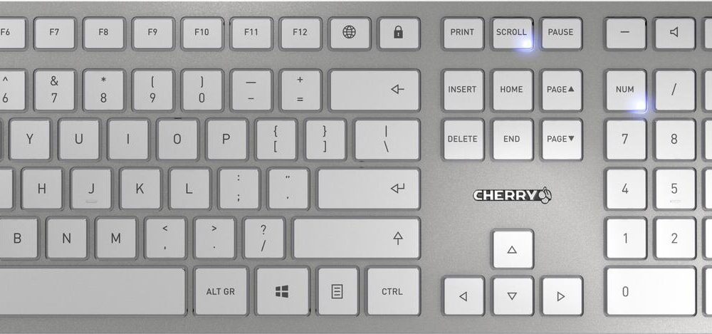 CHERRY DW 9100 SLIM - Tastatur-und-Maus-Set - kabellos - 2.4 GHz, Bluetooth 4.0 - US mit Euro-Symbol - weiß, Silber