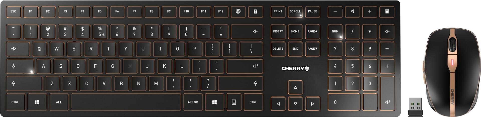 CHERRY DW 9100 SLIM - Tastatur-und-Maus-Set - kabellos - 2,4 GHz, Bluetooth 4,2 - QWERTY - US mit Euro-Symbol - schwarz/bronze (JD-9100EU-2)