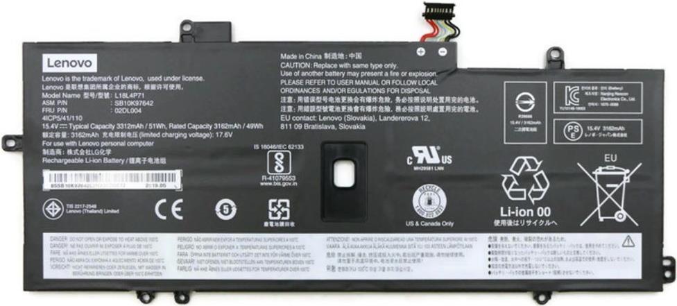 Lenovo LG Chem - Laptop-Batterie - Lithium-Ionen - 4 Zellen - 51 Wh - FRU - für ThinkPad X1 Carbon (7th Gen), X1 Carbon Gen 8, X1 Yoga (4th Gen), X1 Yoga Gen 5 (5B10W51833)