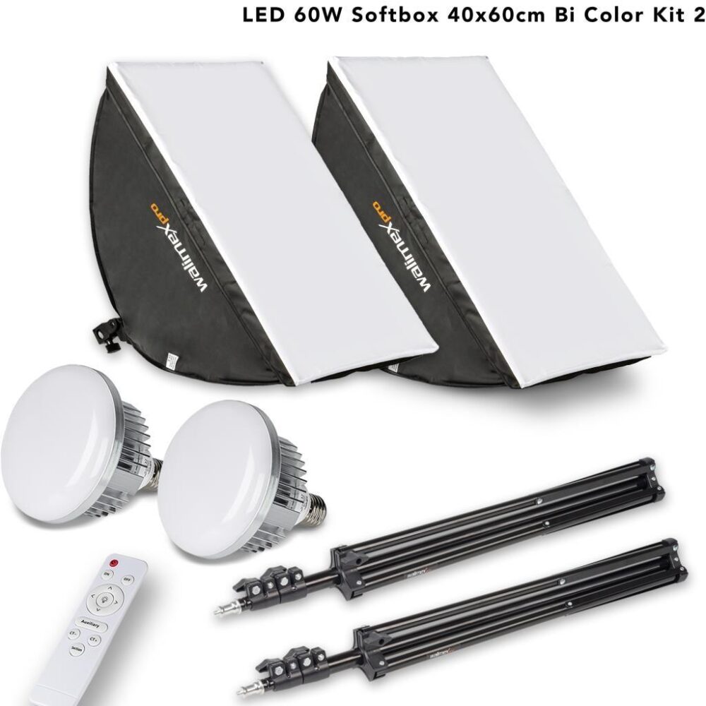 Walimex pro 2X Softbox 40x60cm 60W Bi Color LED I leistungsstarkes Dauerlicht inkl. 2X Stativ, 2X Diffusor & Fernbedienung I Farbtemperatur 3.000 - 6.000 K I Für Profi-Fotos & Videos I CRI 95+ (1023109)