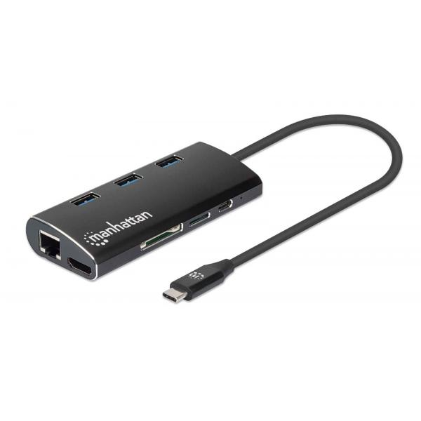 Manhattan 152440 replicatore di porte e docking station per laptop USB tipo-C Nero (USB-C DOCK/HUB/READER 6-PORT- - HDMI/NETWORK/USB-A[X3]/USB-C PD)
