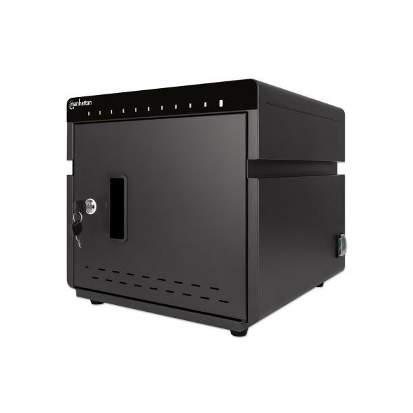 Manhattan 715942 portable device management cart& cabinet Armadio per la gestione dei dispositivi portatili Nero (Charging Cabinet/Cart via USB-C x10 Devices Desktop, Power Delivery 18W per port [180W total], Suitable for iPads/other tablets/phones, Bays 264x22x235mm, Device charging cables not included, Silent Ventilation, Lockable [2 keys], EU & UK power cords)