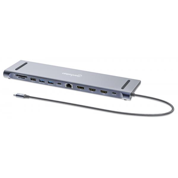 Manhattan 190305 replicatore di porte e docking station per laptop Cablato USB 3.2 Gen 1 [3.1 Gen 1] Type-C Argento (USB-C DOCK/HUB/READER 10-PORT - AUD/DP/HDMI/RJ45/USB-C/USB-A)