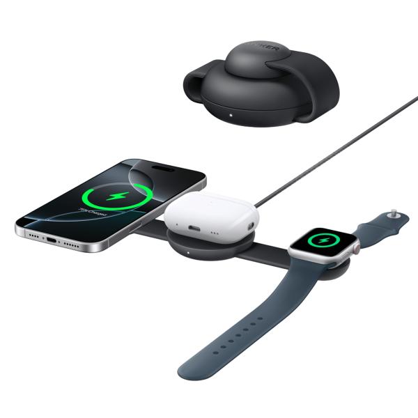 Anker B25M8H11 Caricabatterie per dispositivi mobili Cuffie, Auricolare, Smartphone, Orologio intelligente Nero Carica wireless Ricarica rapida Interno (QI2 15W 3-IN-1 WIRELESS CHARGEPAD)