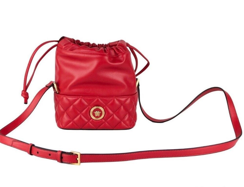 Red Quilted Leather Drawstring Shoulder Bag Bucket Crossbody Handbag