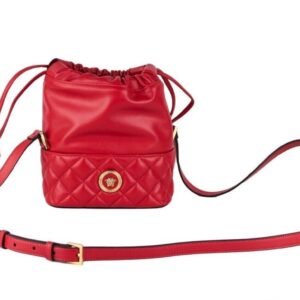 Red Quilted Leather Drawstring Shoulder Bag Bucket Crossbody Handbag