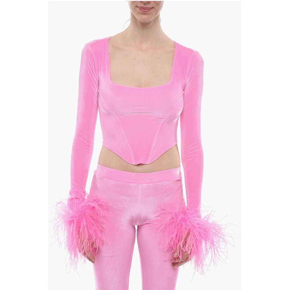 Bustier Chenille Bustier Top with Faux Feather on the Sleeve