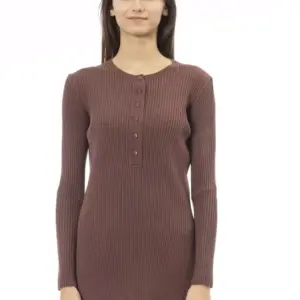 Brown Viscose Women Sweater with Side Slits
