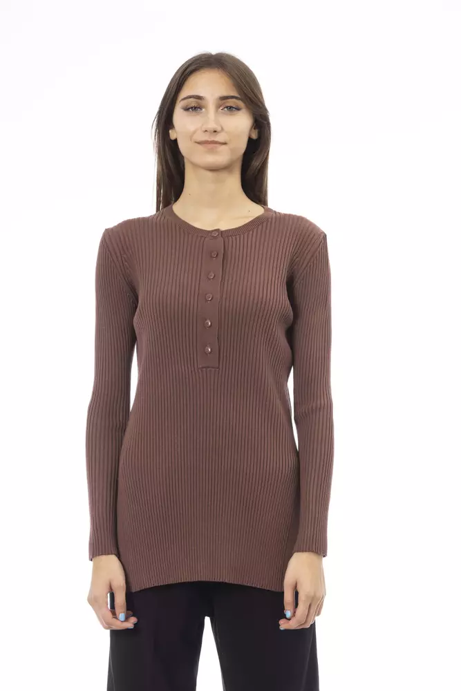 Brown Viscose Women Sweater with Side Slits