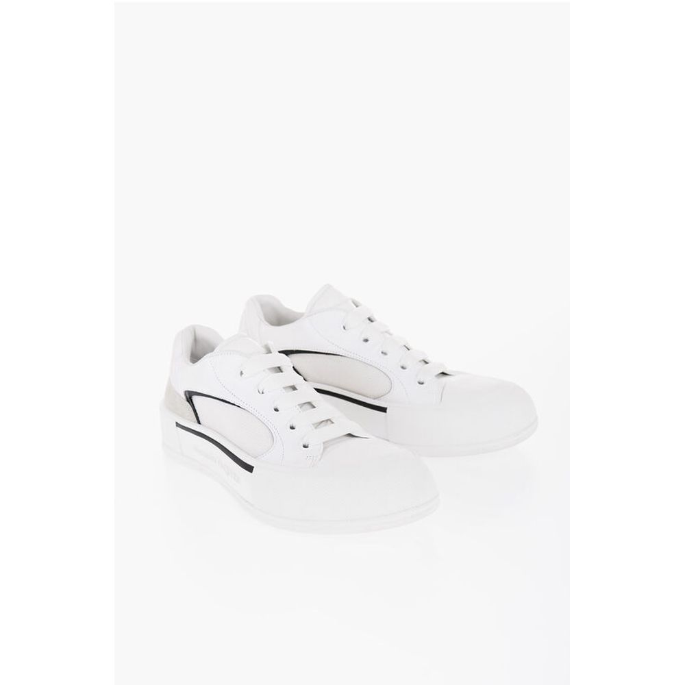Solid Color Leather and Canvas Low-Top Sneakers