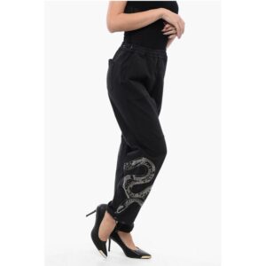 Stretch Cotton Pants with Elastic Waistband and Decorated Sn