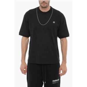 Solid Color Crew-neck T-Shirt with Silver-Tone Chain