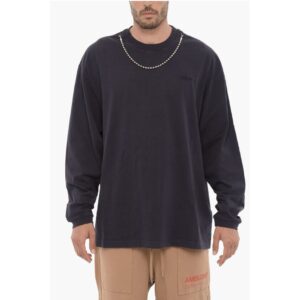 Long Sleeved Crew-neck T-Shirt with Silver-Tone Chain
