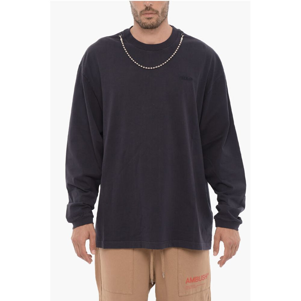 Long Sleeved Crew-neck T-Shirt with Silver-Tone Chain