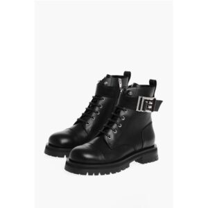 Leather Combat Booties with Ankle Strap and Logoed Buckle