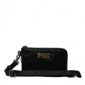 Elegant Black Nylon Leather Pouch with Silver Details