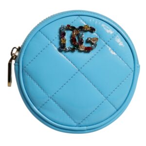 Light Blue Lamb Leather DG Crystal Round Coin Purse Wallet
