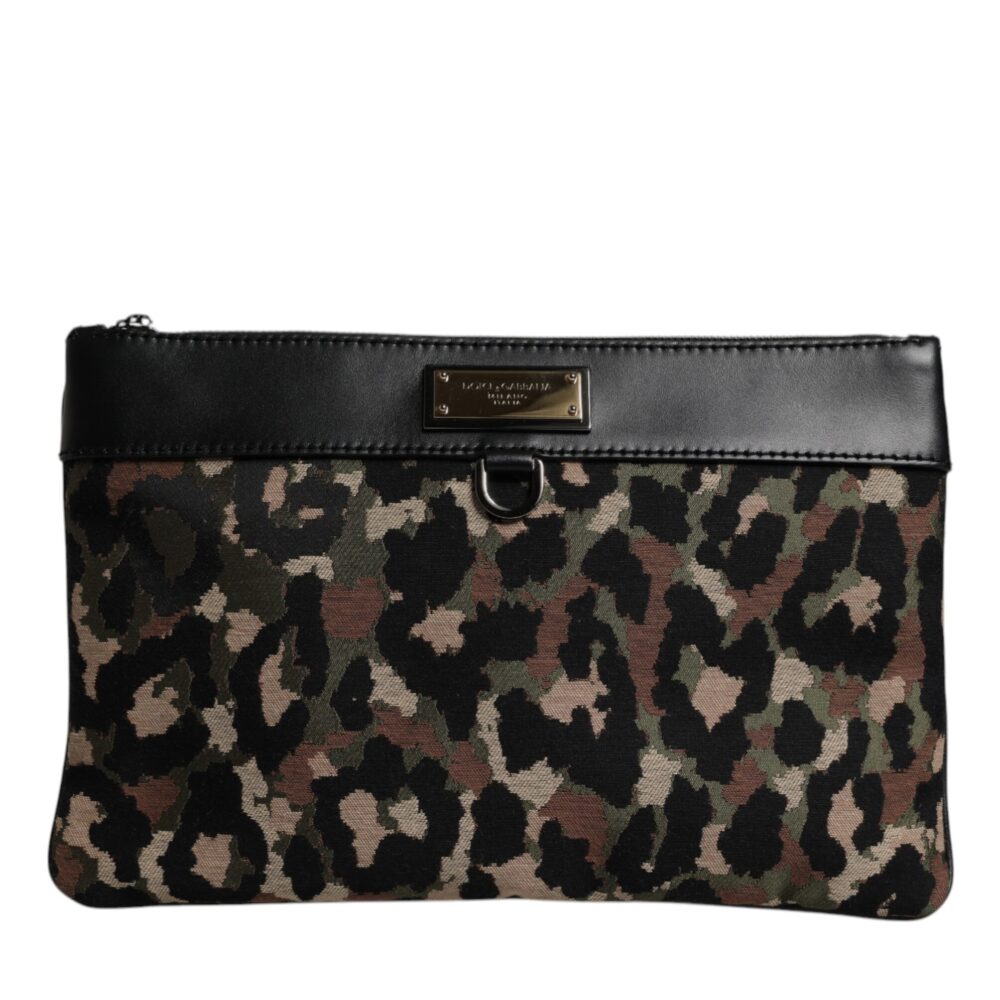 Multicolor Leopard Jacquard Print Logo Plaque Pouch Bag