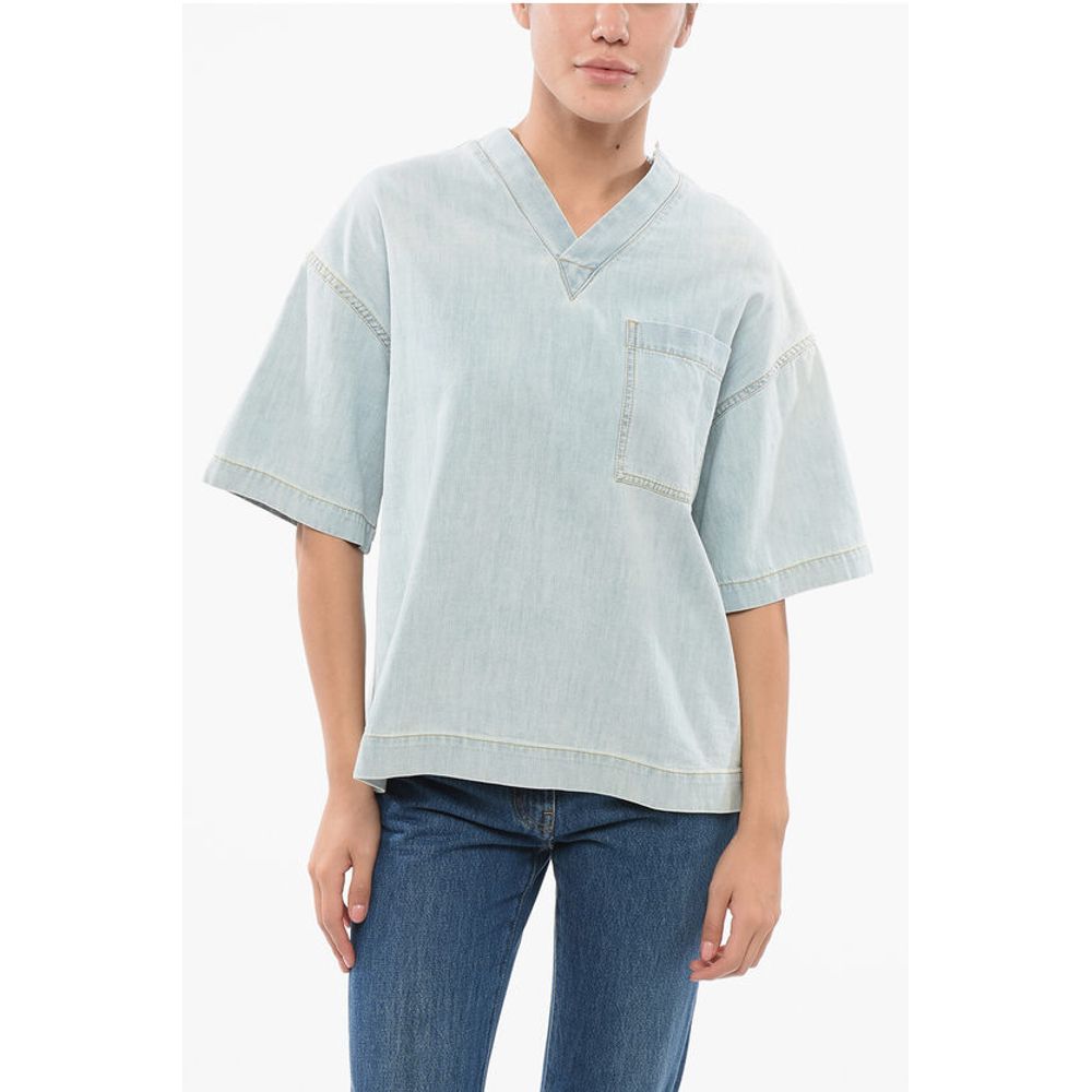 Light Washed Denim Blouse with Breast-pocket
