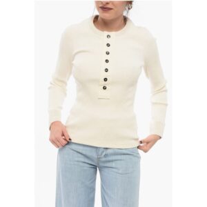 Crew Neck Ribbed Stretch Cotton Sweater with Buttons