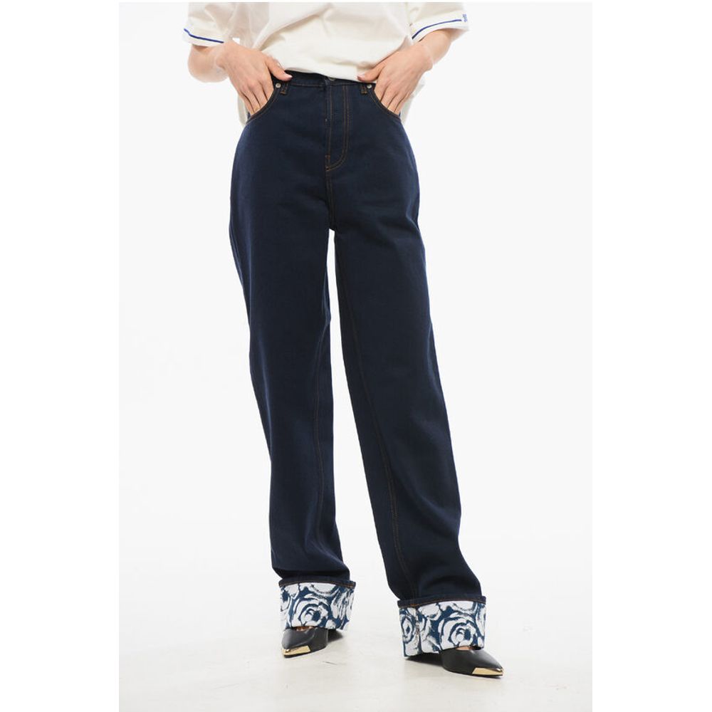 High-waisted Dark Washed Denims with Printed Cuffs 18cm