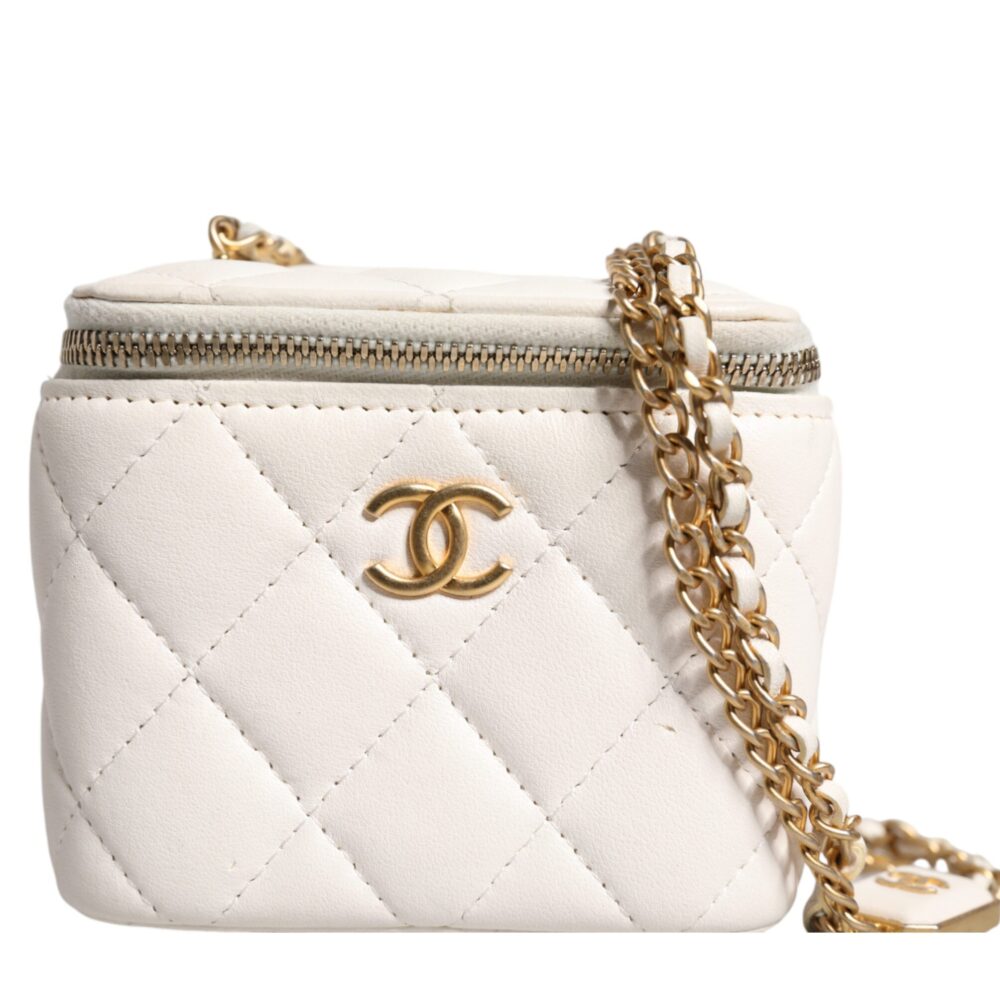 White Matelasse Lambskin Gold Chain Shoulder Vanity Mirror