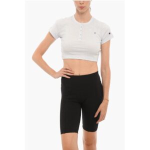 Ribbed Crew-neck Cropped T-Shirt with Front Buttoning