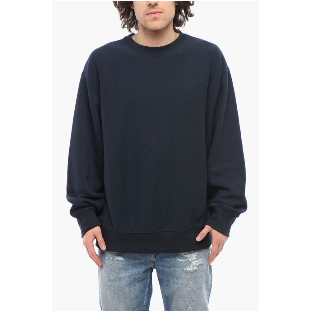 Solid Color Fleeced-Cotton Crew-neck Sweatshirt