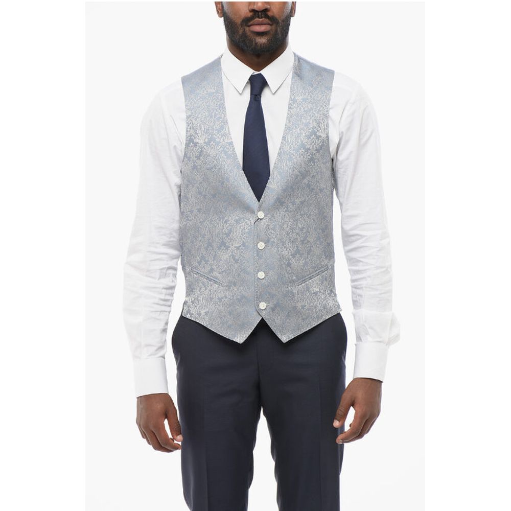 Blended Silk Damasked Motif Vest with Half-Belt