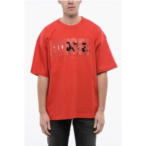 RED TAG Solid Color T-NABEL-M1 Crew-neck T-Shirt with Cracke