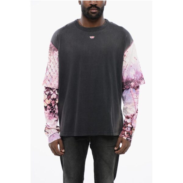 Oversized T-WESHER-N5 T-Shirt with Patterned Double-Layer Sl