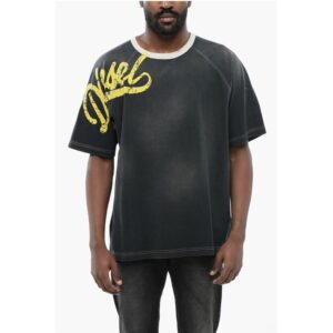 Faded Effect T-ROXT-SLITS Crew-neck T-Shirt with Flocked Log