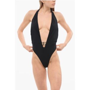 Plunging V-Neck One Piece Swimsuit with Logoed Buckle