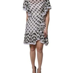 White Polka Dotted Silk Blend A-line Dress
