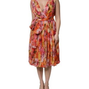 Multicolor Floral Silk V-neck Chiffon Dress
