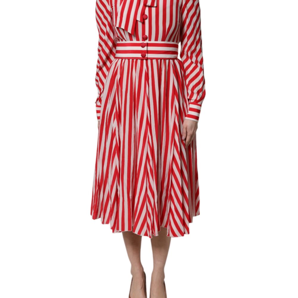 White Red Stripes Long Sleeves Midi Dress