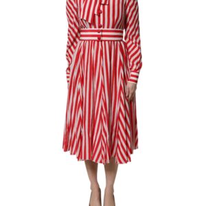 White Red Stripes Long Sleeves Midi Dress