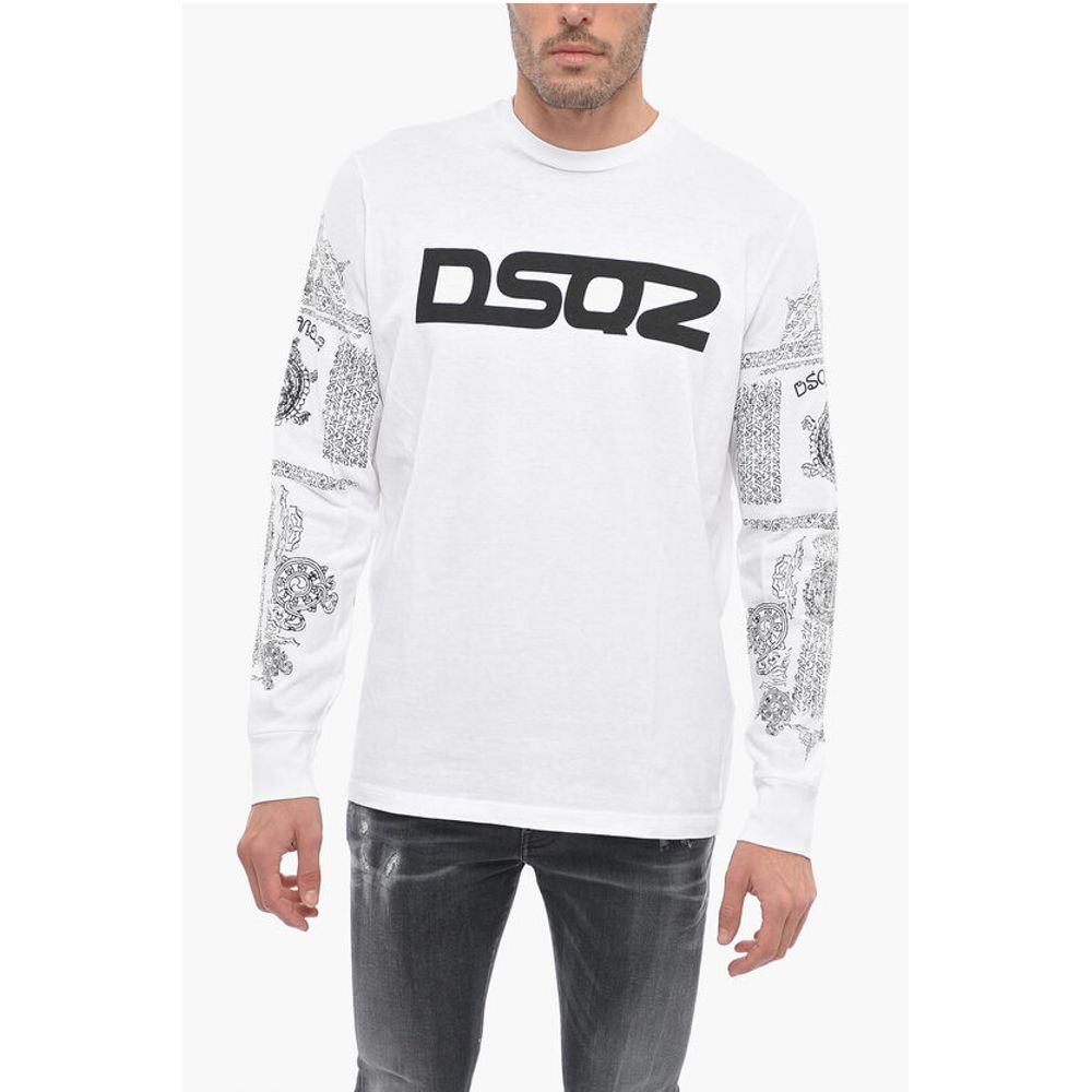 Crew Neck Cotton T-Shirt with Printed Sleeves
