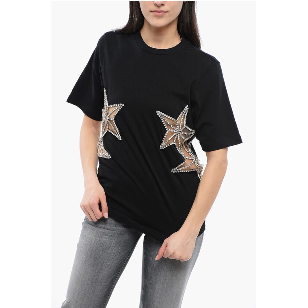 Crew Neck STAR T-Shirt with See Through Inserts and Rhinesto