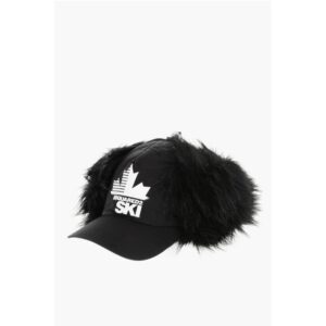 SKI Solid Color Cap with Contrasting Logo and Faux Fur Detai