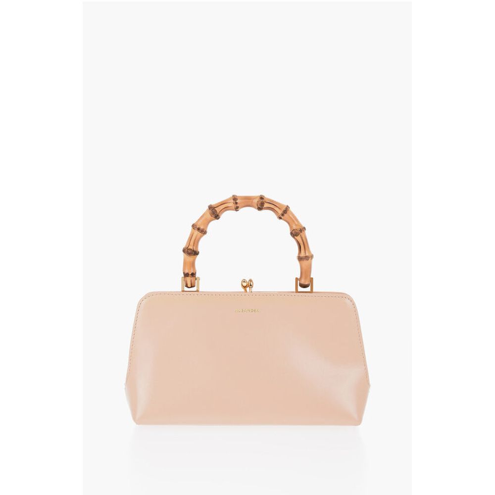Bamboo Handle Leather Handbag with Clip Clap Closure