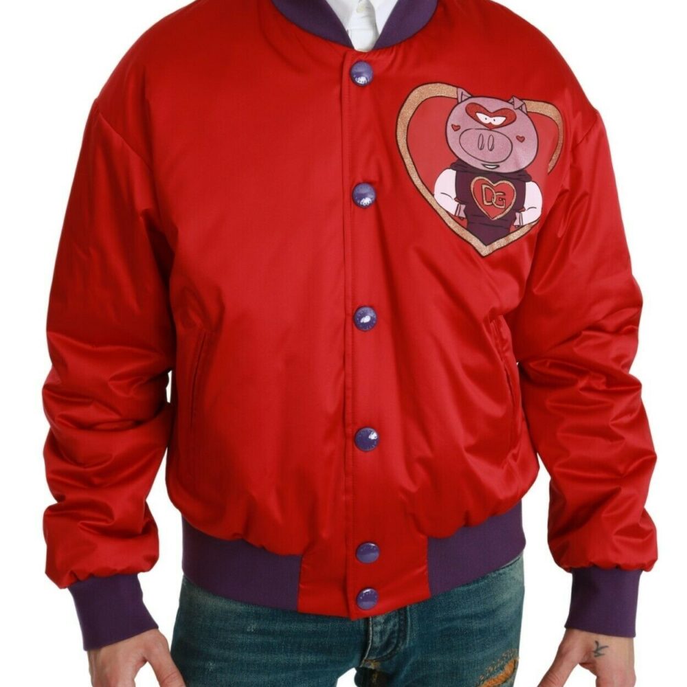 Vibrant Red Bomber Jacket with Multicolor Motif