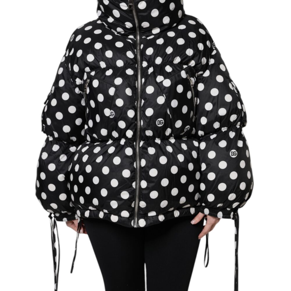 Black White Polka Dot Full Zip Puffer Jacket