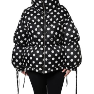 Black White Polka Dot Full Zip Puffer Jacket