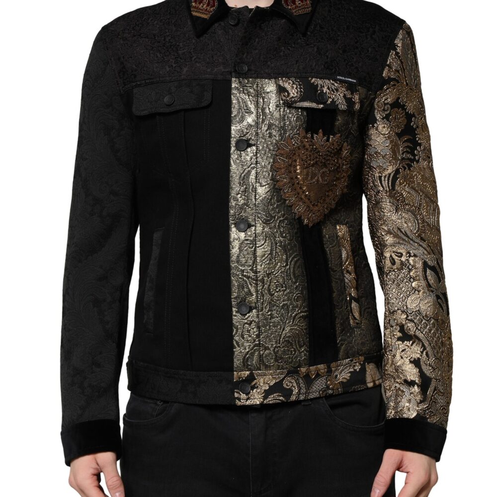 Black Gold Floral Jacquard Men Biker Jacket