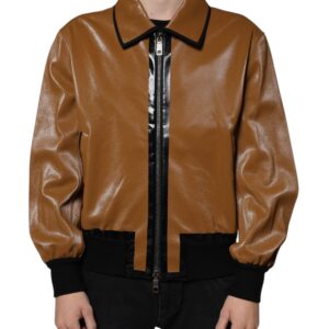 Brown Leather Full Zip Men Bomber Jacket